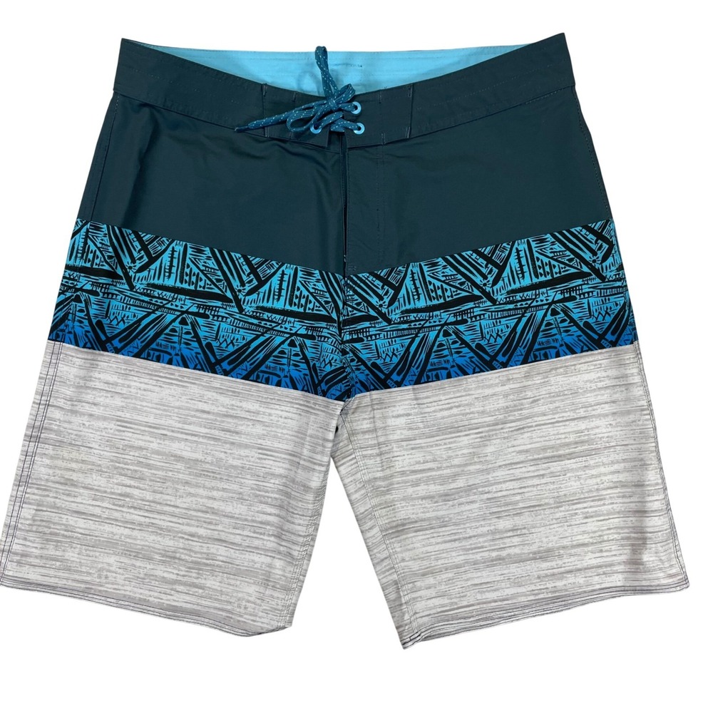 Burnside Mens Board Shorts Size 36 Blue Gray Tribal Print Colorblock Swim Trunks